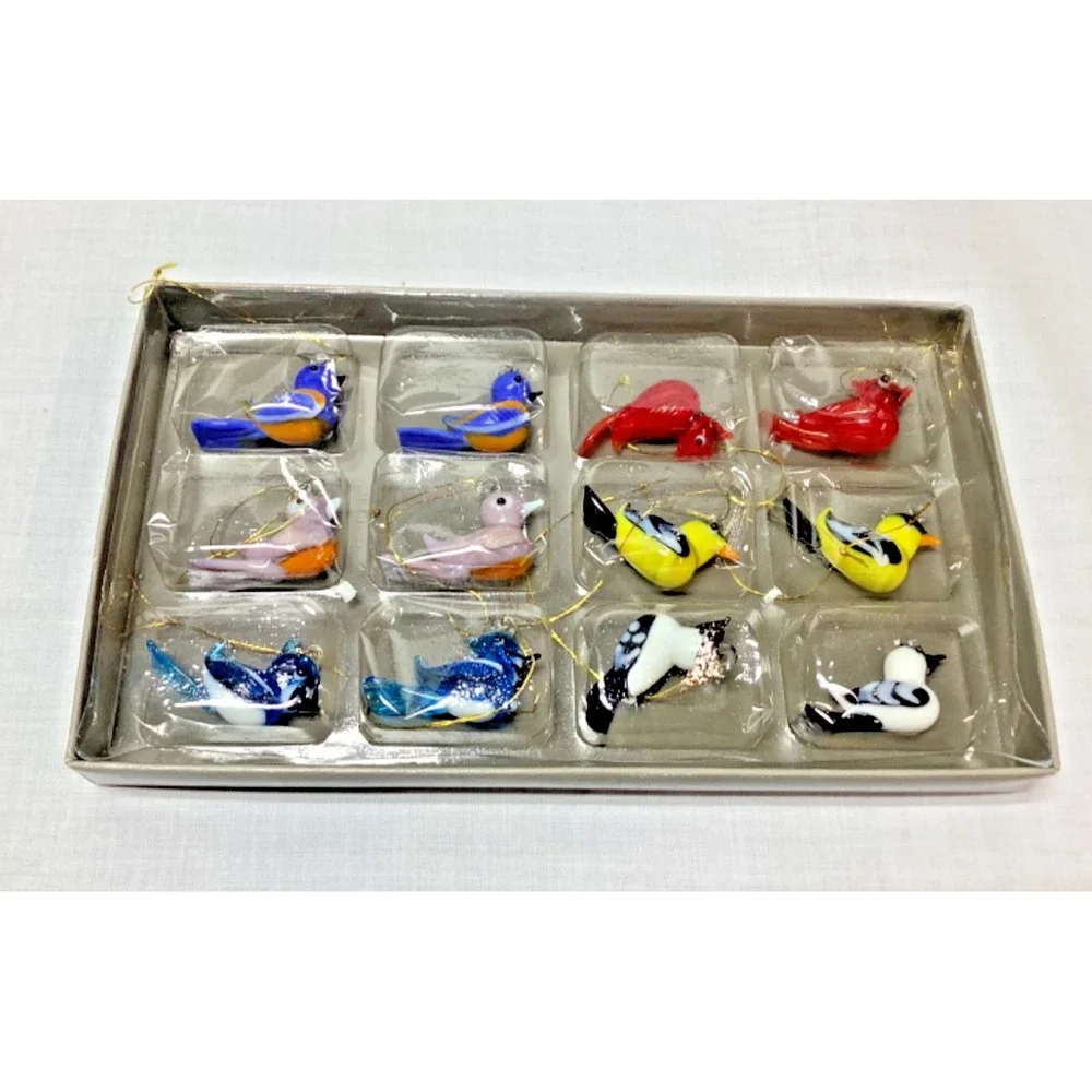 Set of 12 Glass Bird Tree Ornaments 1.5